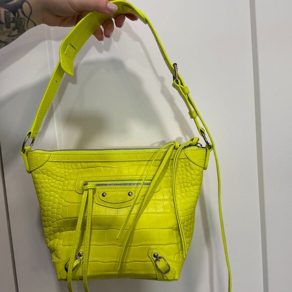 Balenciaga Fluo Yellow Croc Embossed Leather Small Neo Classic Hobo Bag - Picture 1 of 4